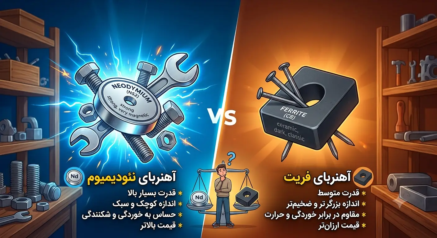 مقایسه ظاهر آهنربای نئودیمیوم و آهنربای فریت